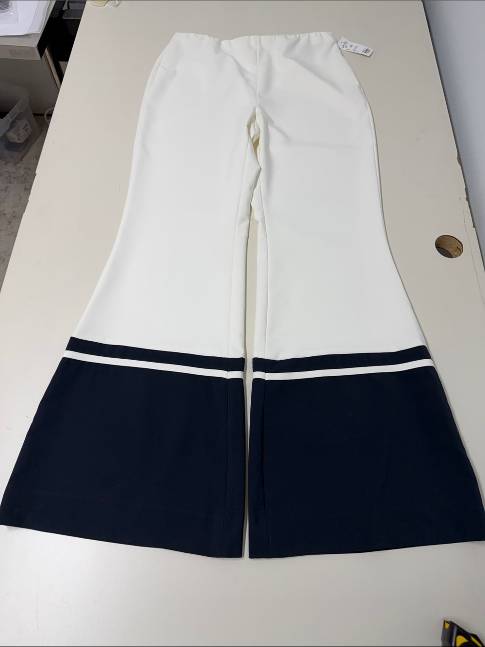 Etcetera White Flared Pants with Navy Contrast Hem